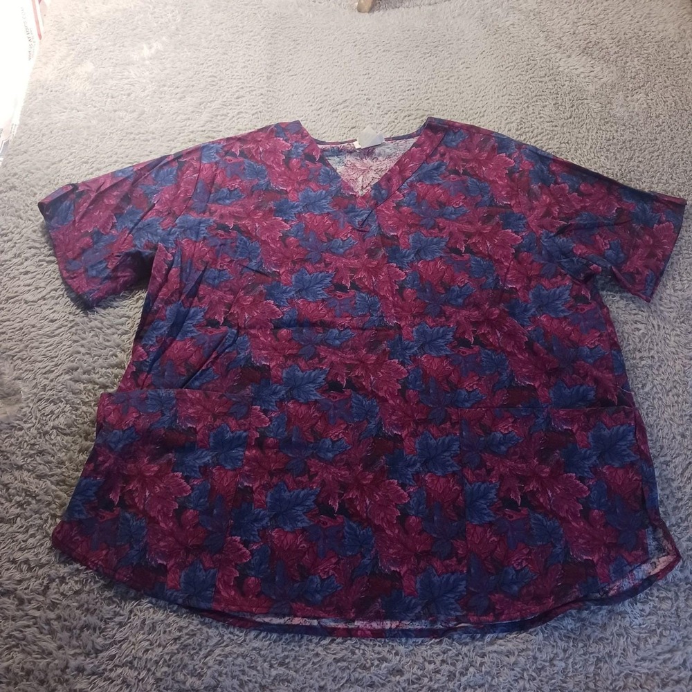 Apple‎ Life Leaf Print Scrub Top 2XL Plus Size Cotton Medical Nursing Burgundy